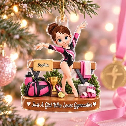 Just a Girl Who Loves Gymnastics Personalized Acrylic Ornament, Gymnast Posing with Trophy, Creative Gift for Young Gymnast