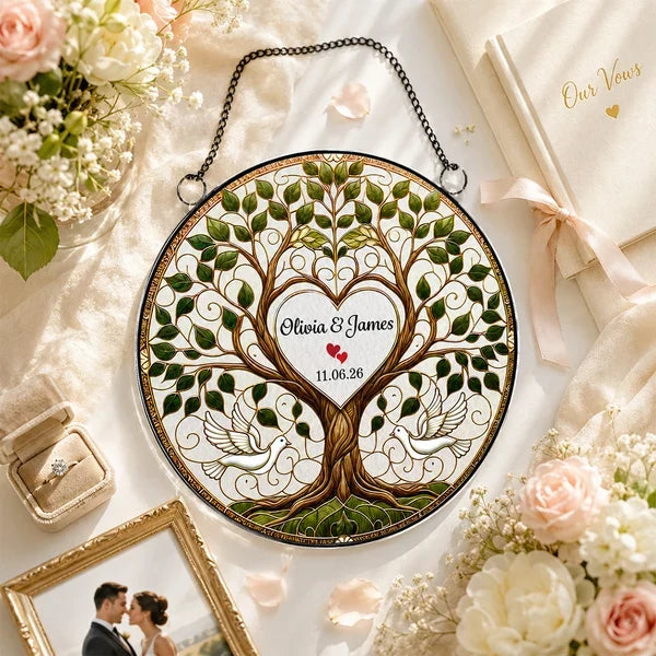 Personalized Acrylic Suncatcher Ornament, Flying Doves & Tree of Life, Unique Wedding Gift for Couples