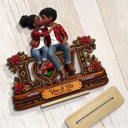 Personalized 2-Layer Wooden Plaque With Kissing Couple & Roses, Unique Gift for Couple