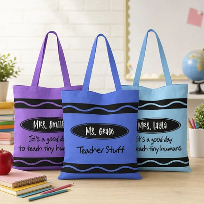 Personalized Teacher Tote Bag, Purple Crayon Design With Teach Tiny Humans Quote, Unique Gift