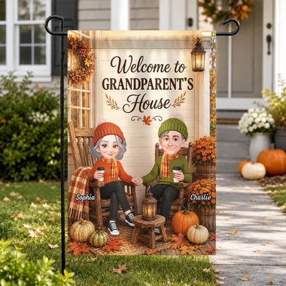 Welcome to Grandparents' House Garden Flag, Holding Hands on a Fall Porch, Personalized Creative Gift