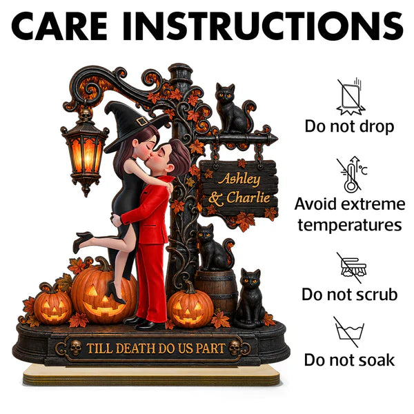 Personalized 2-Layer Wooden Plaque, Kissing Couple with Pumpkins & Black Cats, Creative Gift for Couple