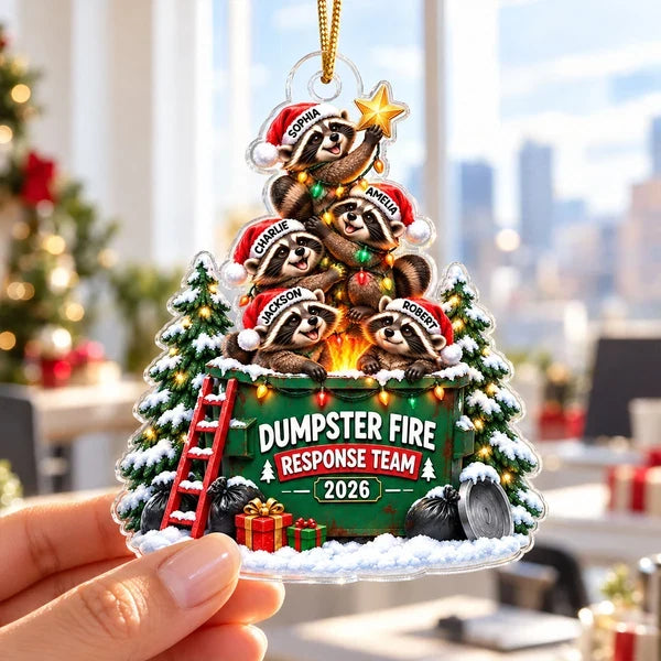 Personalized Acrylic Ornament, Raccoon Squad Around a Dumpster Fire, Unique Christmas Gift for Friends