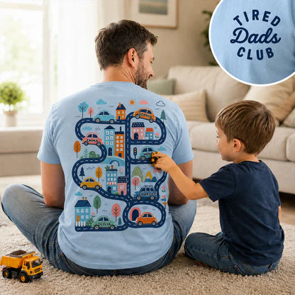 Personalized Classic Tee, Tired Dads Club & Play Cars on Dad's Back, Unique Father's Day Gift for Dad