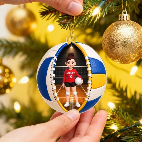 Personalized Volleyball Acrylic Ornament, Cute Player Holding Ball on Court, Creative Gift for Volleyball Families