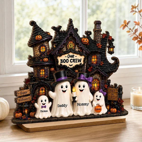 Personalized Layered Wooden Plaque, Ghost Family at Haunted House, Unique Halloween Gift for Family