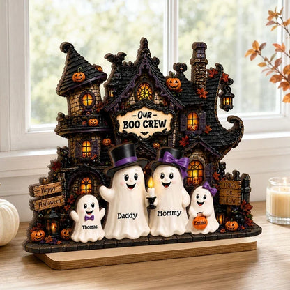 Personalized Layered Wooden Plaque, Ghost Family at Haunted House, Unique Halloween Gift for Family