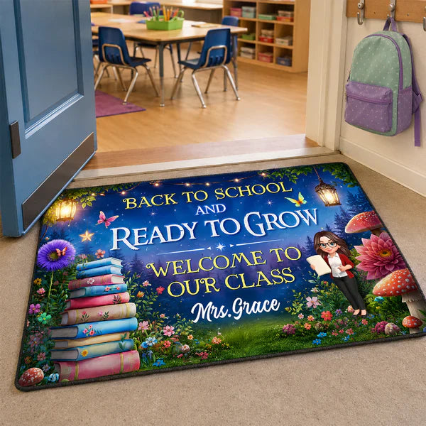 Personalized Back To School Doormat With Teacher Reading Art, Unique Teacher Gift For Indoor Entryway