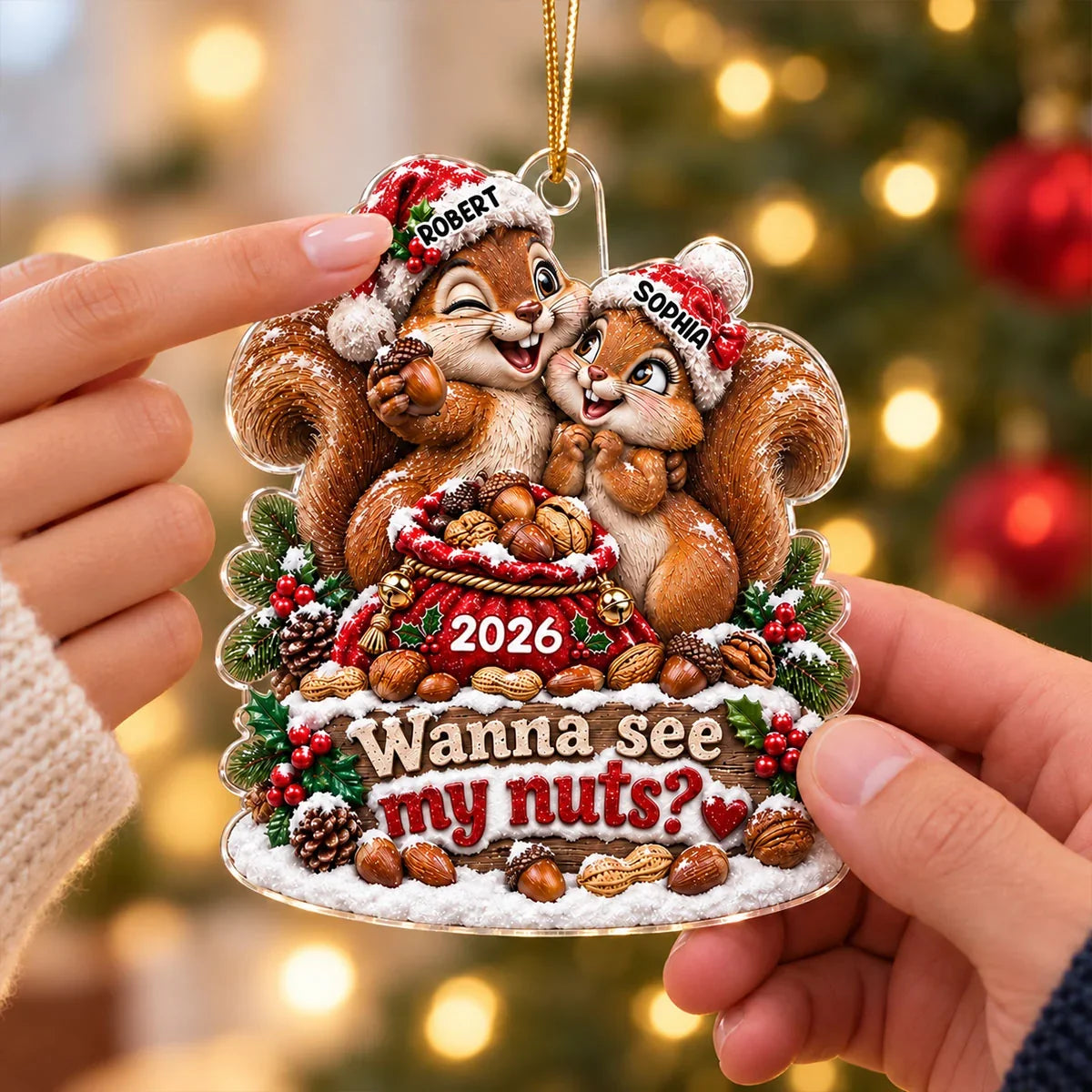Personalized Acrylic Ornament with Cuddling Christmas Squirrels, Creative Gift for Couples