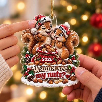 Personalized Acrylic Ornament with Cuddling Christmas Squirrels, Creative Gift for Couples