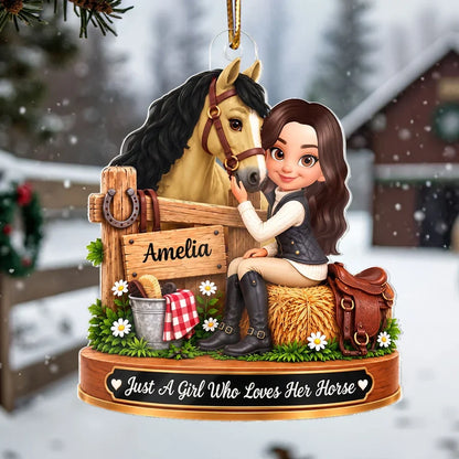 Personalized Acrylic Ornament, Girl Cuddling a Chestnut Horse at a Rustic Stable, Unique Christmas Gift for Horse Lover