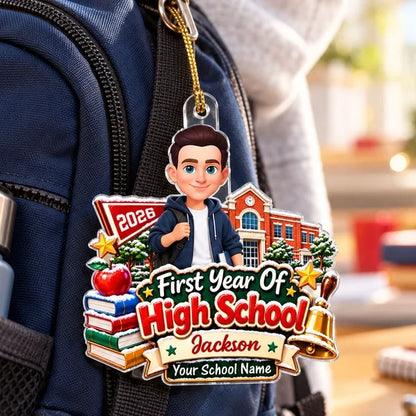 Personalized Acrylic Ornament, Book-Holding Student at Snowy Schoolhouse, Unique Christmas Gift for Daughter