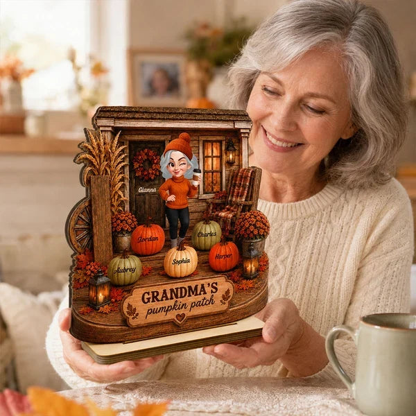 Personalized Wooden Plaque, Grandma Holding Coffee on a Cozy Autumn Porch, Unique Family Gift