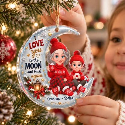 Personalized Acrylic Ornament, Grandma and Grandchild Sitting on Moon, Unique Christmas Gift for Grandma