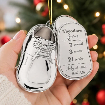 Personalized Acrylic Ornament, Silver Baby Shoe Hanging on a Festive Tree, Creative Keepsake Gift for Mom & Dad