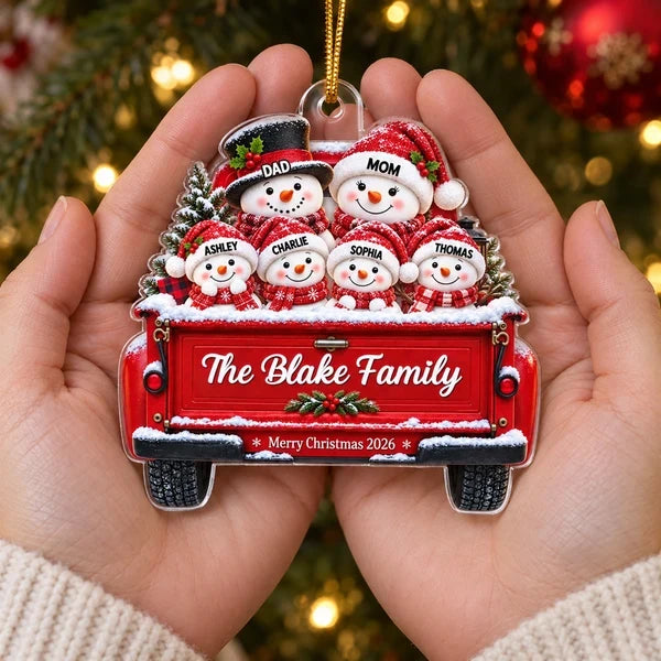 Personalized Acrylic Ornament, Snowman Family Riding in a Snowy Red Truck, Unique Christmas Gift for Family