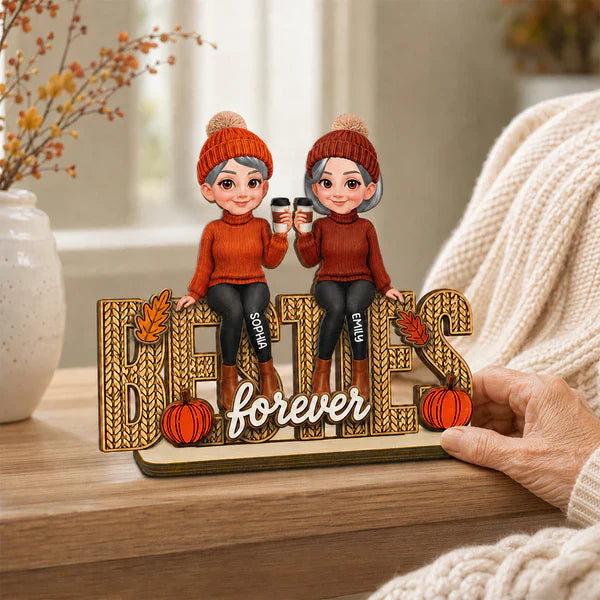 Personalized Wooden Plaque With Cozy Fall Friends Holding Coffee, Creative Gift For Sister & Friend