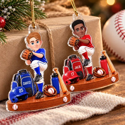 Personalized Baseball Boy Acrylic Ornament, Blue Pitching Player Christmas Decor, Unique Gift for Son