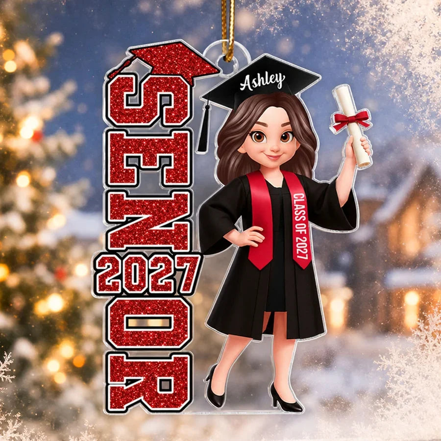 Personalized Acrylic Ornament, Proud Senior in Cap and Gown Holding Diploma, Creative Keepsake Gift for Graduate
