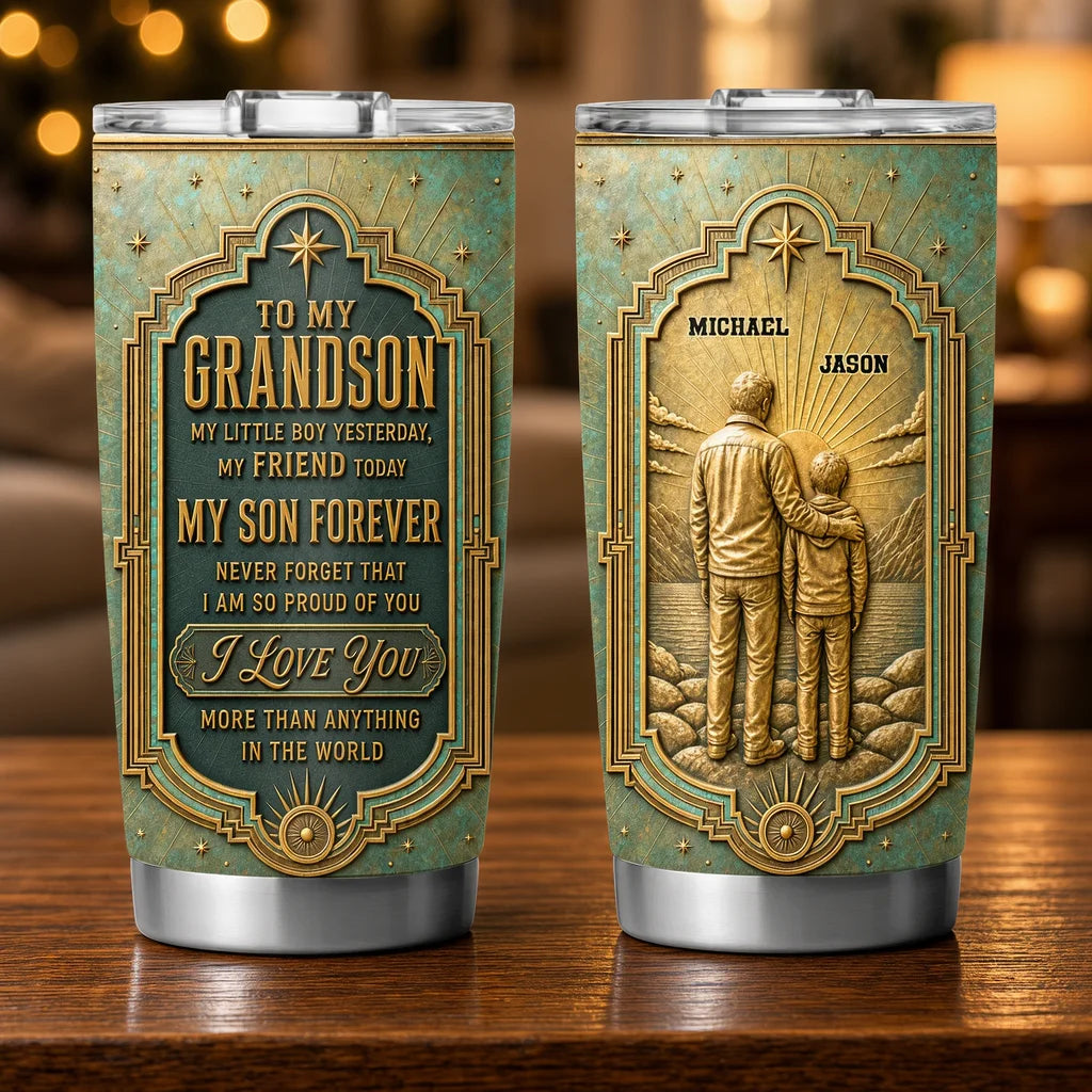 Personalized Insulated Travel Tumbler, Vintage Teal Proud of You Quote and Lakeside Embrace, Unique Gift for Grandson