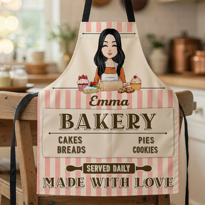 Personalized Pocket Apron, Bakery Girl Baking Design for Kitchen Cooking, Unique Gift for Mom or Baker