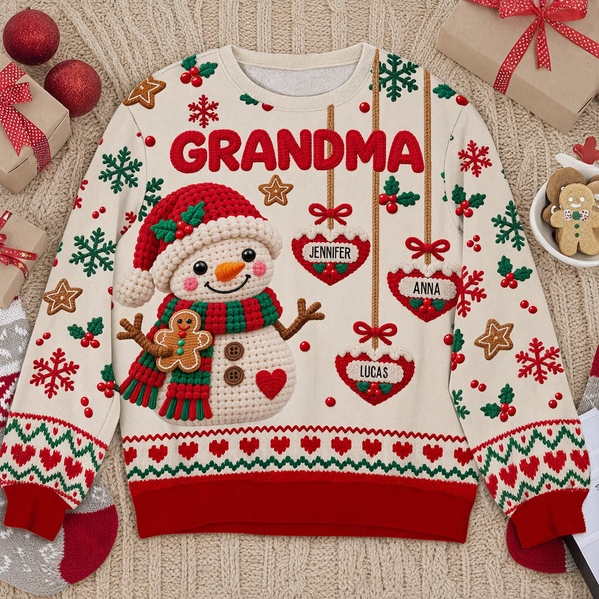 Personalized Printed Sweatshirt, Crochet-Style Snowman Holding Gingerbread, Unique Christmas Gift for Grandma