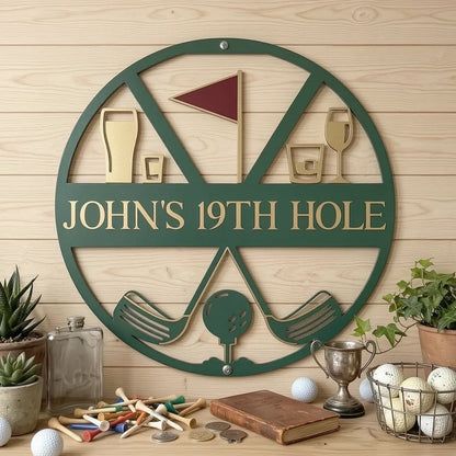 Personalized Shaped Metal Sign, Vintage Golf 19th Hole Bar Scene, Unique Gift for Golfer
