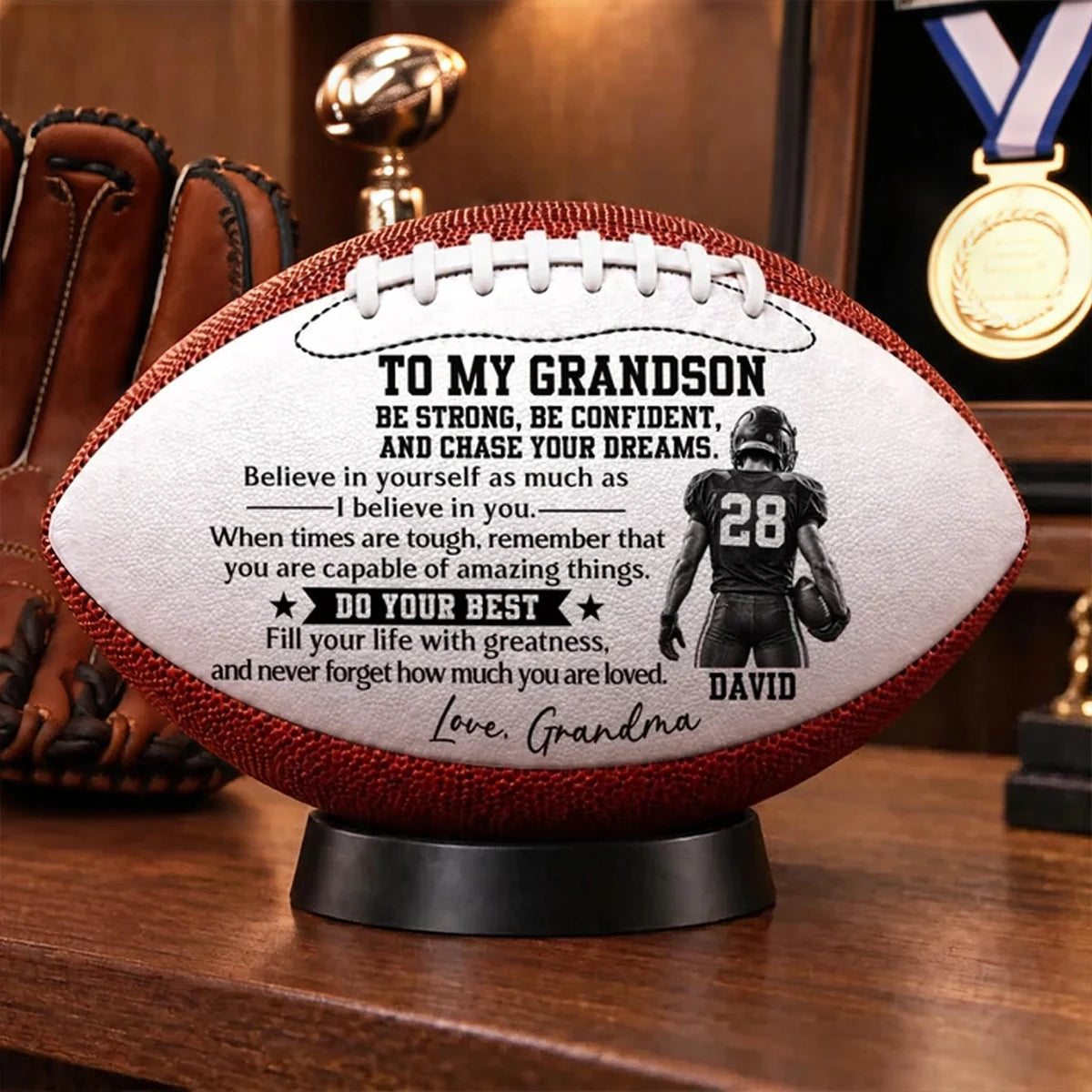 Personalized Leather Football with Player Art, Unique Motivational Keepsake Gift for Grandson
