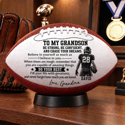 Personalized Leather Football with Player Art, Unique Motivational Keepsake Gift for Grandson