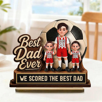 Best Dad Ever 2-Layer Wooden Plaque with Soccer Ball & Kids, Creative Gift for Dad