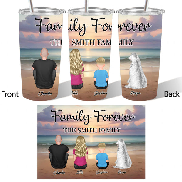 Family Forever Beach Design - Personalized Insulated Travel Tumbler, Wallet Card, Blanket, Cotton Tote Bag, Wooden Carhanger, LED Plaque, Keychain and Poster, Unique Gift