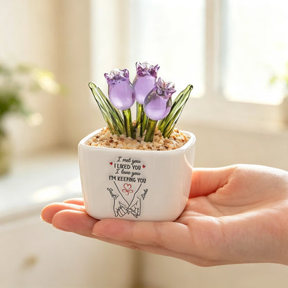 Personalized Square Glass Planter with Pastel Tulips & Holding Hands Art, Unique Creative Gift for Couple