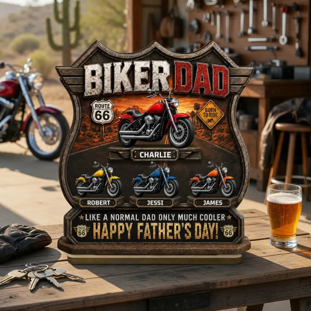 Personalized Biker Dad 2-Layer Wooden Plaque, Route 66 Motorcycle Gift For Dad, Unique Father's Day Decor