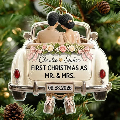 Personalized Acrylic Ornament, Newlywed Couple in Wedding Car, First Christmas As Mr & Mrs, Unique Couple Gift