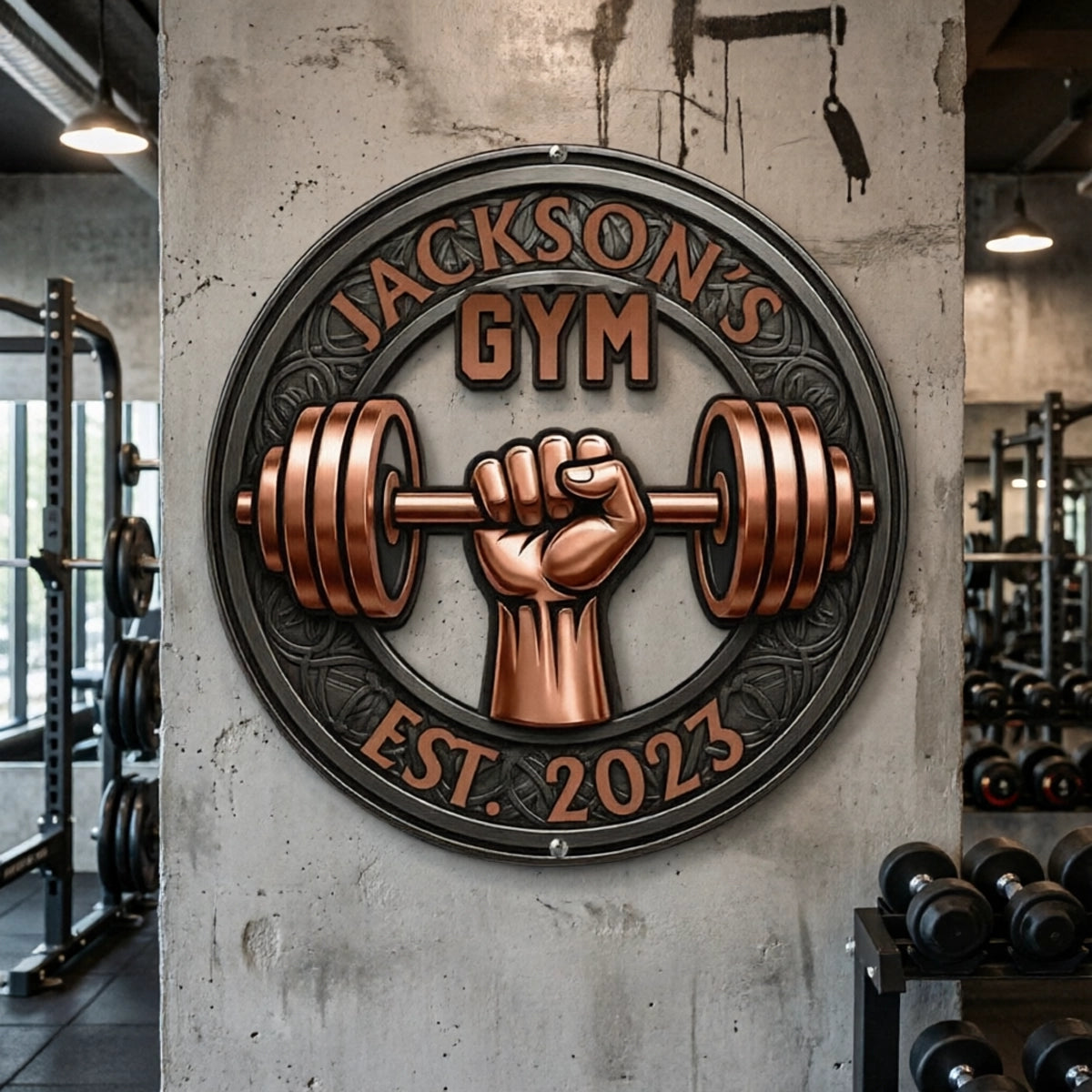 Custom Shaped Metal Sign with Fist Gripping Barbell, Strength Wall Art, Creative Gift for Gym Lovers