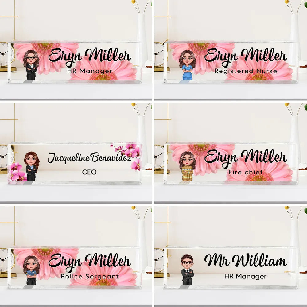 Personalized Rectangle Acrylic Block Plaque with Daisy Office Character, Unique Desk Decor Gift for Coworker or Boss