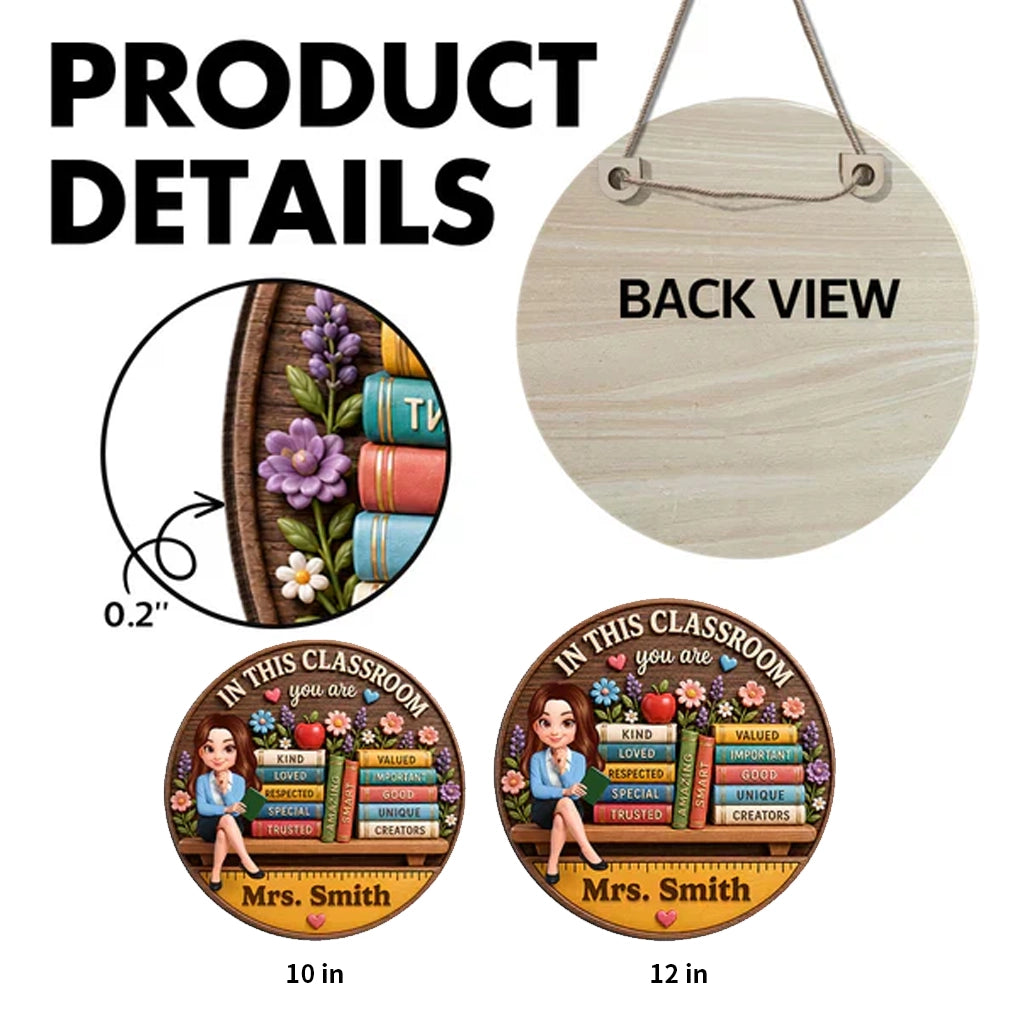 Personalized Wooden Sign for Teacher, Classroom Door Decor with Cartoon Teacher & Books, Unique Gift