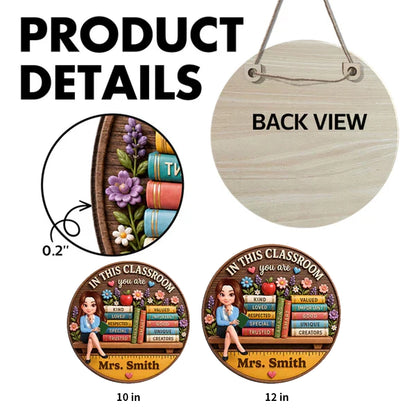 Personalized Wooden Sign for Teacher, Classroom Door Decor with Cartoon Teacher & Books, Unique Gift