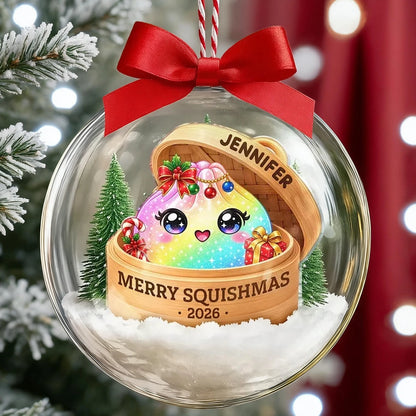Personalized Acrylic Snow Globe Ornament, Rainbow Dumpling Peeking from Basket, Unique Christmas Gift for Squishy Fans