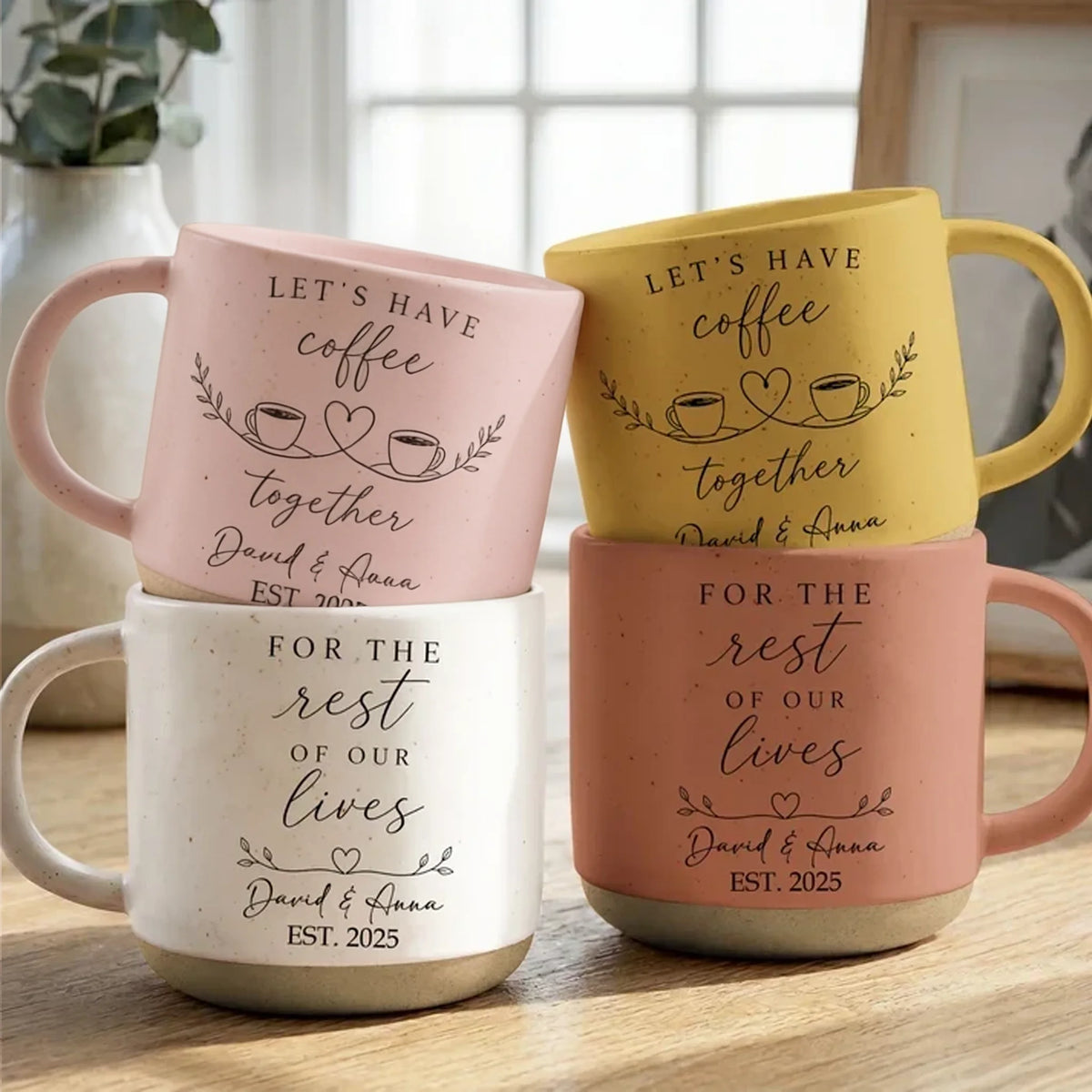 Romantic Pottery Mug with Coffee Cup Illustration, Personalized Keepsake, Creative Gift for Couples