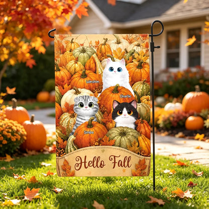Hello Fall Personalized Garden Flag, Playful Cats in a Pumpkin Patch, Creative Gift for Cat Lovers and Autumn Decor
