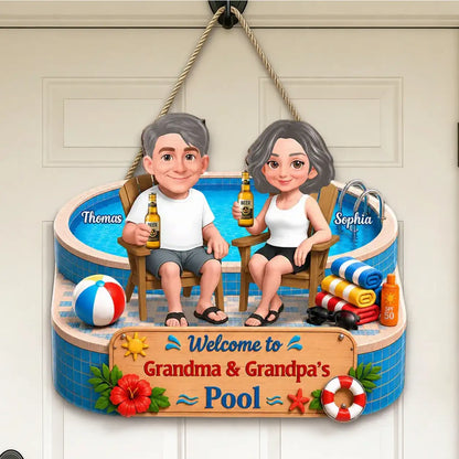 Personalized Wooden Sign, Cartoon Grandparents by the Pool, Unique Creative Gift for Grandma & Grandpa