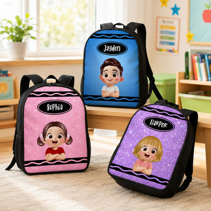 Kids School Backpack With Custom Crayon Color Art, Creative Back To School Classroom Gift For Grandkids