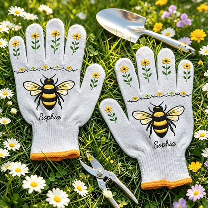 Personalized Cotton Yarn Gloves with Whimsical Bee Art for Joyful Garden Days, Creative Gift for Mom or Friend
