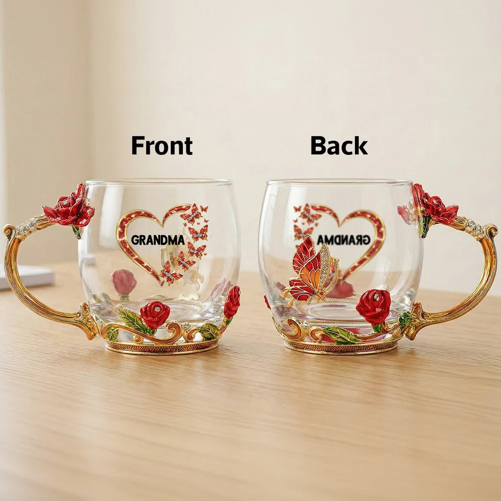 Personalized Enamel Flower Tea Cup for Grandma - Butterfly Heart Design, Unique Gift for Her Tea Moments