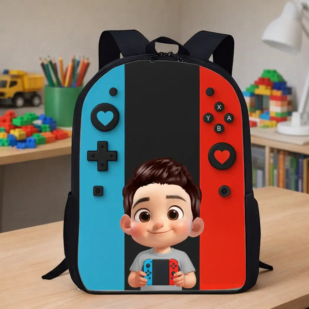 Personalized Kids School Backpack, Blue & Red Gamer Cartoon Boy Holding Controller, Unique Gift for Kids