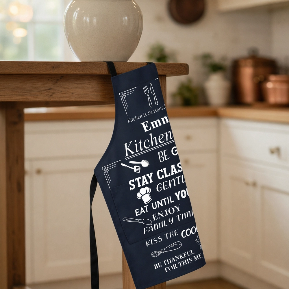 Personalized Kitchen Rules Apron with Custom Name - Funny Gift for Home Cooks, Durable "Seasoned with Love" Pocket Design