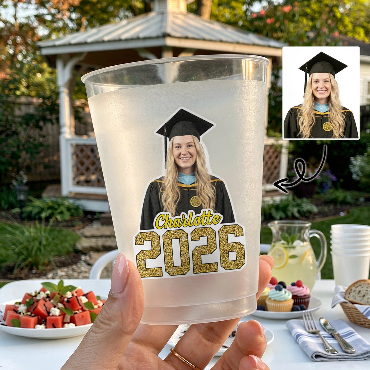 Custom Face Graduation Frosted Plastic Cup, Cap and Gown Design, A Fun Keepsake Gift for a Graduate