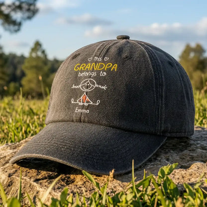 Personalized Washed Denim Baseball Cap for Grandpa, This Grandpa Belongs To Us, Unique Gift