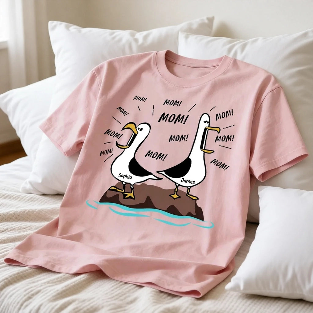 Personalized Seagull Mom Classic Tee, Funny 'MOM!' Cartoon Shirt, Unique Mother's Day Gift for Mom